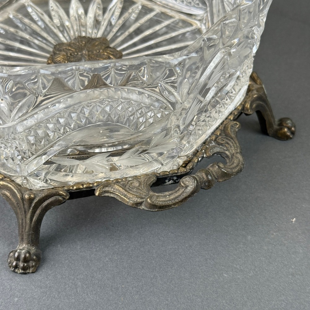 Vintage Cut Crystal Glass Bowl Ornate Metal Stand Claw Paw Feet Candy Dish - Picture 3 of 12